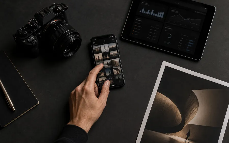 Professional camera equipment flat lay on dark background representing STAY SEEN ongoing support